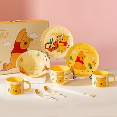 Winnie the Pooh 小熊維尼 玩趣系列 二人食餐具組, 陶瓷餐具, 湯盤+小盤子+碗+杯子+勺子, 維尼熊, 湯盤 + 盤子 2個 + 碗 2個 + 杯 2個 + 湯勺 2支, 1組