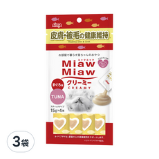 AiXiA 妙喵肉泥12號, 添加寡糖, 添加 a-i 胜肽, 添加維他命 E, 另含 Oligo 寡糖, 鮪魚口味, 15g x 4本, 鮪魚 皮膚被毛, 60g, 3袋