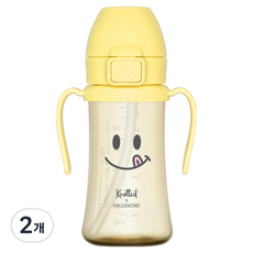 그로미미 유아용 노티드 PPSU 스마일 스틸프리 빨대컵 1단계 200ml, 300ml, 2개, 레몬슈가