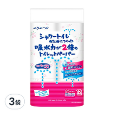 elleair 艾黎艾爾 溫水洗淨便座專用衛生紙, 菱格紋壓花技術, 100%紙漿製造, 吸水力2倍, 25m, 12捲, 3袋
