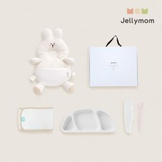 젤리맘 신생아 출산선물 아기머리보호대 + 실리콘 아기식판 + 이유식스푼 + 오가닉 스트랩 세트, 토끼 크림(보호대), 화이트(식판), 베이비핑크(스푼), 1세트