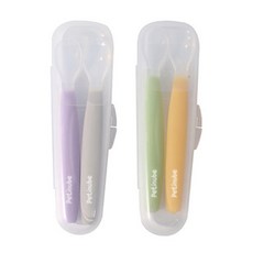 Petinube 寶寶副食品矽膠湯匙 2入組, 頂級矽膠材質, 保護寶寶牙齦和牙齒, 美國FDA認證, 灰色 + 紫色 + 綠色 + 黃色, 2組