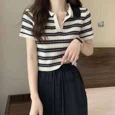 엘쏘 여성용 폴로 카라 스트라이프 니트 숏 반팔 티셔츠