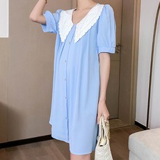 빅 펀칭 카라 앞단추 임산부 반소매 퍼프 원피스