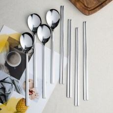 RAONNURI 不鏽鋼湯匙筷子套組，簡約韓式餐具組，湯匙4入+筷子4雙, 湯匙 210mm x 4支 + 筷子 215mm x 4雙, 05084, 1組