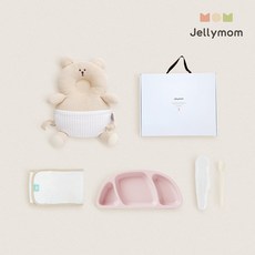 젤리맘 신생아 출산선물 아기머리보호대 + 실리콘 아기식판 + 이유식스푼 + 오가닉 스트랩 세트, 곰돌이 오트밀(보호대), 베이비핑크(식판), 크림베이지(스푼), 1세트