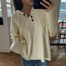 여성용 루즈핏 버튼 후드니트