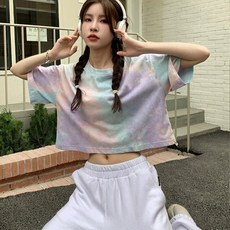 엘쏘 여성용 그라데이션 프린팅 루즈핏 크롭 반팔 티셔츠