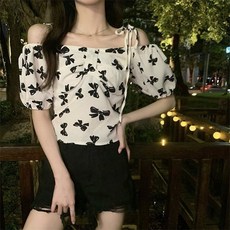 묘먀미 여성용 리본패턴 로맨틱 오프숄더 쉬폰 블라우스