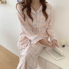 쿠밍 여성용 파스텔 홈웨어 체크 잠옷 파자마 상하의 세트