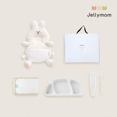 젤리맘 신생아 출산선물 아기머리보호대 + 실리콘 아기식판 + 이유식스푼 + 오가닉 스트랩 세트, 토끼 크림(보호대), 화이트(식판), 크림베이지(스푼), 1세트