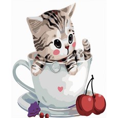 더웨일 DIY 유화 명화그리기 50 x 40 cm 고양이, 커피 잔 아기 고양이