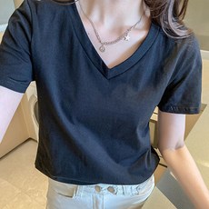 루나글램 여성용 브이넥 솔리드 컬러 반팔 티셔츠 cnn6