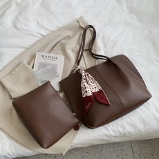 블랙스완 여성용 무지 가죽 토트백 + 파우치 세트