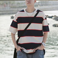 남성용 마켓A 배색 스트라이프 반팔티셔츠