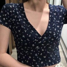 여성용 크롭 브이넥 플로랄 꽃무늬 반팔 티셔츠 HN026