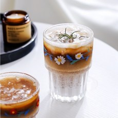 인사이드리빙 레트로 빈티지 플라워 유리컵 330ml, 레트로 데이지, 1개