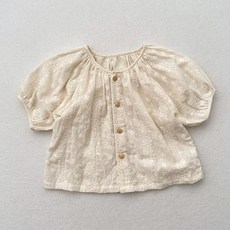 Yiyoumong女童款豆豆刺繡鏤空花朵短袖襯衫