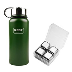 KEEP 스포츠 보틀 스테인레스 보온보냉 텀블러 + 스테인리스 아이스 큐브 세트, 그린(텀블러), 800ml