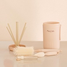 MomnLittle 嬰兒便攜式奶瓶清潔組 柔和桃, 奶瓶乾燥架+奶瓶清潔刷+奶嘴清潔刷+吸管清潔刷+奶瓶清潔劑容器, 軟音