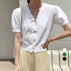 바블링브룩 여성용 골드 버튼 반팔 퍼프 가디건