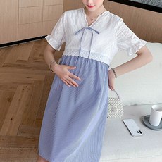 孕婦時尚蝴蝶蕾絲格子 V 領大碼短袖哺乳裙