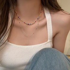 비아워게스트 컬러 비즈 실버 두줄 목걸이 - 이미지 3