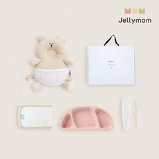 젤리맘 신생아 출산선물 아기머리보호대 + 실리콘 아기식판 + 이유식스푼 + 오가닉 스트랩 세트, 곰돌이 오트밀(보호대), 핑크(식판), 크림베이지(스푼), 1세트