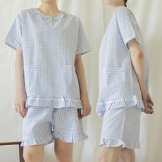 테라우드 여성용 면 뜨개레이스 반팔 잠옷 상하 2세트