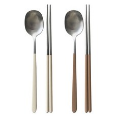 acacia home 304不鏽鋼餐具組 (象牙色+棕色) 筷子2雙 湯匙2支, 現代簡約設計, 象牙色 + 棕色, 1組, 筷子 2雙 + 湯匙 2支