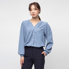 CARET 女款褶皺長版泡泡袖V領襯衫, Free Size, 淺藍色