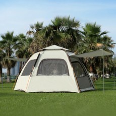 iN&CAMPING 360度開放式一觸式彈出帳篷+天幕+天幕桿組, 可供 5-8 人使用, 象牙白