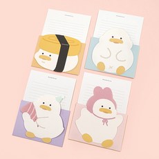 Popofancy 1000 胖胖鴨造型信紙 4款x2入組, 黃色、藍色、紫色、粉色, 8張