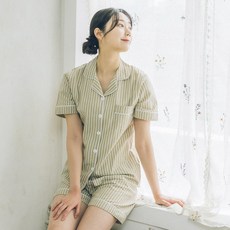 씨엘스토리 여성용 스트라이프 카라 잠옷 상하의 세트