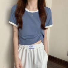 모네타 여성용 배색 포인트 캐주얼 크롭 반팔 상의