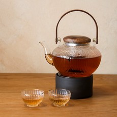 티이야기 내열유리 우드 티팟 세트, 혼합색상, 1세트, 티포트 800ml + 워머 + 플라워찻잔 2p