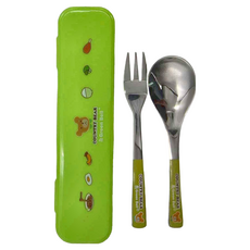 Green Bell 綠貝 鄉村熊餐具盒 2入組 304不鏽鋼餐具, 餐具盒 + 湯匙 + 叉子, 綠色, 1組