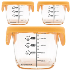 LocknLock 樂扣樂扣 GLASS 嬰兒副食品方形保鮮盒 3入, 耐熱玻璃材質, 附刻度, 適用於微波爐、洗碗機、烤箱, 橘色, 260ml, 3個