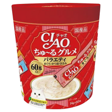 INABA CIAO 啾嚕 肉泥 大滿足美味組合 SC-138, 60本入, 鮪魚 + 吻仔魚 + 干貝/鰹魚 + 柴魚 + 干貝/雞肉 + 柴魚 + 干貝, 840g, 1桶