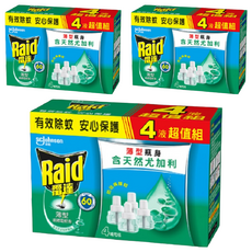 Raid 雷達 超智慧薄型液體電蚊香補充瓶 尤加利 4入組，含Etoc除蚊配方，有效驅蚊，清新自然, 164ml, 3盒