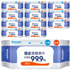 US baby 優生酒精濕巾, 有效抗菌達99.9%, 80抽, 適用於餐具、奶嘴、玩具及居家用品, 80張, 12包