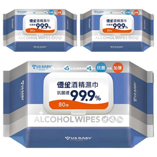 US baby 優生酒精濕巾, 有效抗菌達99.9%, 80抽, 適用於餐具、奶嘴、玩具及居家用品, 80張, 3包