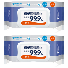 US baby 優生酒精濕巾, 有效抗菌達99.9%, 80抽, 適用於餐具、奶嘴、玩具及居家用品, 80張, 2包