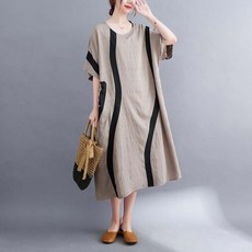 정말이쁜 예술적 세로 줄무늬 루즈 롱 드레스 여성용 코튼 린넨 큰 포켓 라운드 넥 반팔 대형 사이즈 여름 의류