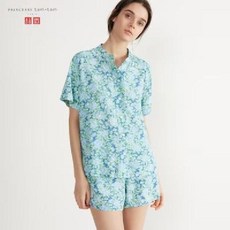 유니클로 잠옷 파자마 란제리 반팔 꽃무늬 트로피컬 플라워 레이온 시어서커 블루 470323