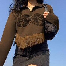 KOSAHIKI 하라주쿠 비대칭 크롭 태슬 후드 캐주얼 빈티지 만화 프린트 짧은 Y2k 탑 턴다운 칼라 스웻셔츠