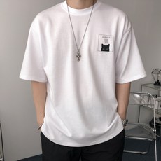 오프앤 국산 남녀공용 특양면 오버핏 빅사이즈 고양이 프린팅 박스 반팔 티셔츠 - 이미지 7