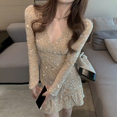 호돌룰루 빅사이즈긴팔원피스 V넥 글리터 허리보정 긴소매원피스 현아한 여신 슬림핏 A라인