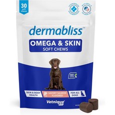 Ventique Dermabliss 오메가 Skin Health Fish Oil for Dog Soft Chews 건강한 피부 반려견용 코트 비오틴 DHA 히코리 연어 반려견, 30ct Chews - 강아지연어오일