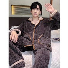 남성용 심플 스타일 캐주얼 잠옷 세트 따뜻한 플란넬 라운지 착용 긴 소매 라펠 탑 & 루즈 팬츠 홈 잠옷 세트 가을 겨울 야외 세트 TTHM2406332